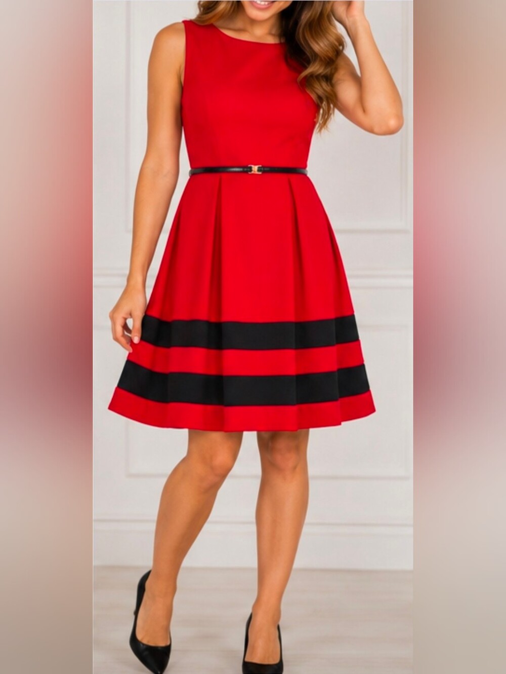 Calvin Klein Red Sleeveless Belted Dress Size 14